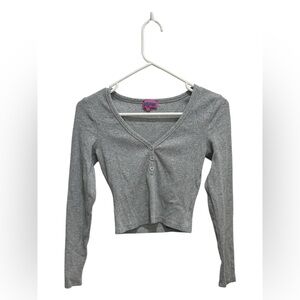 Edikted Light Gray Ribbed V-Neck Long Sleeve Crop Top
